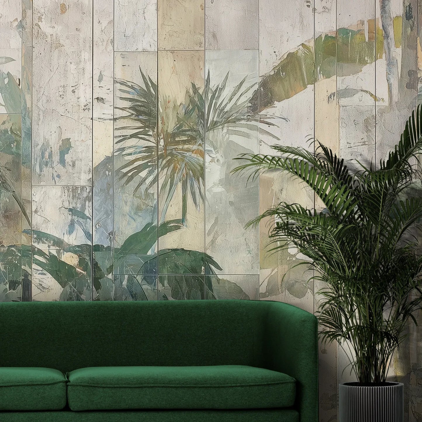 Fototapeta TROPICAL SANCTUM - tapeta z artystycznym motywem egzotycznej roślinności pokazana w aranżacji wnętrza z akcentem na ścianie.