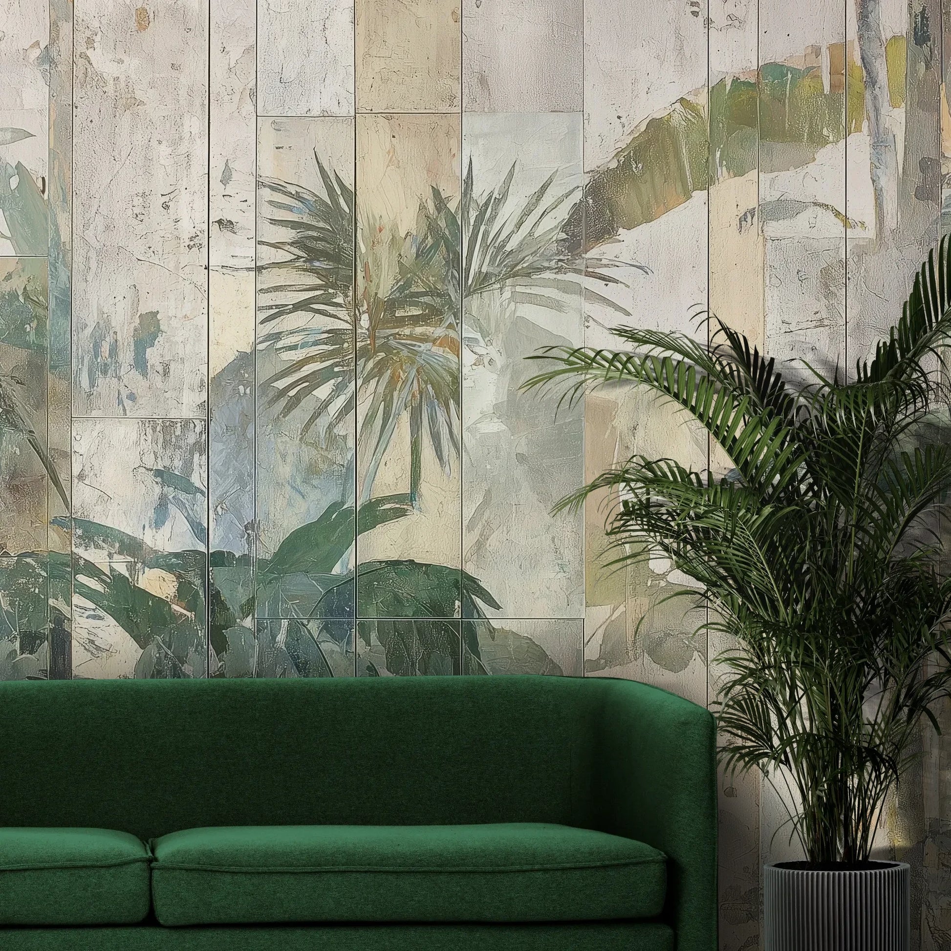 Fototapeta TROPICAL SANCTUM - tapeta z artystycznym motywem egzotycznej roślinności pokazana w aranżacji wnętrza z akcentem na ścianie.
