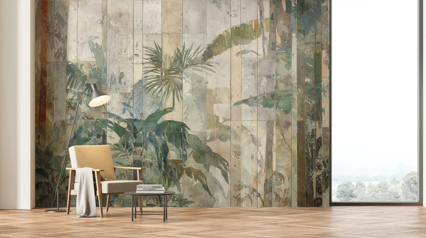 Wzór fototapety TROPICAL SANCTUM - tapeta z artystycznym motywem egzotycznej roślinności pokazanej w aranżacji salonu.