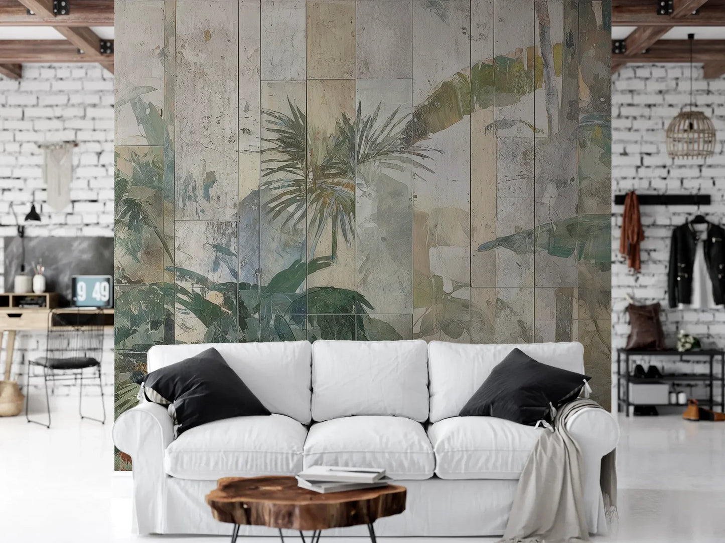 Wzór fototapety TROPICAL SANCTUM - tapeta z artystycznym motywem egzotycznej roślinności pokazanej w aranżacji salonu.