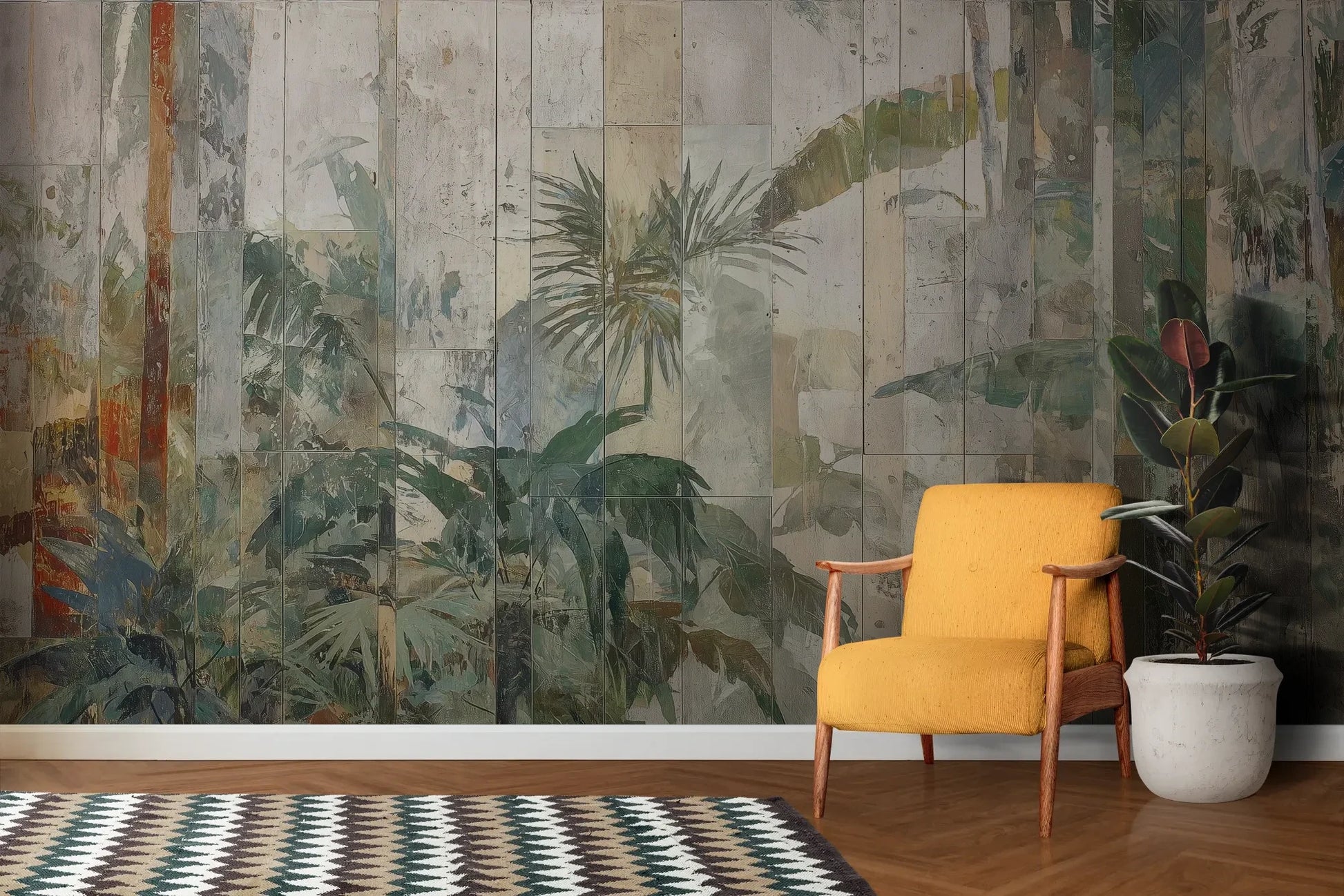 Wzór fototapety TROPICAL SANCTUM - tapeta z artystycznym motywem egzotycznej roślinności pokazanej w aranżacji salonu.