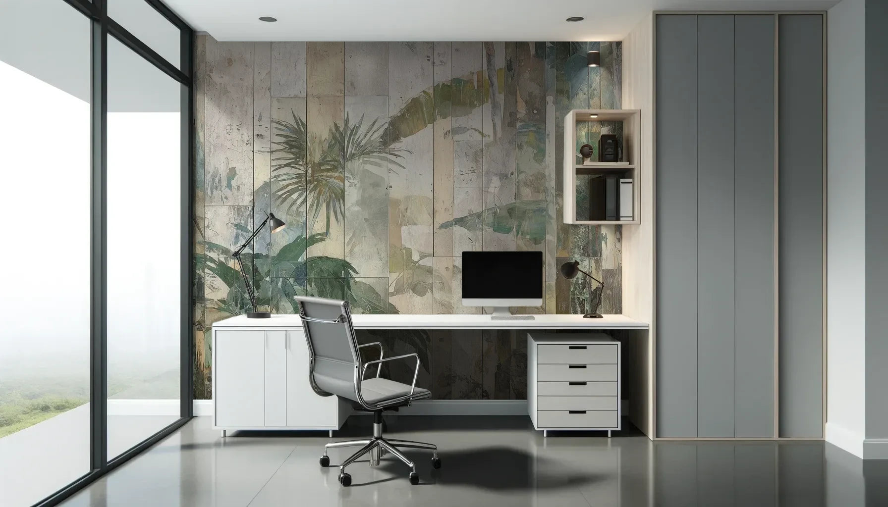 Fototapeta TROPICAL SANCTUM - tapeta z artystycznym motywem egzotycznej roślinności pokazana w aranżacji biura.