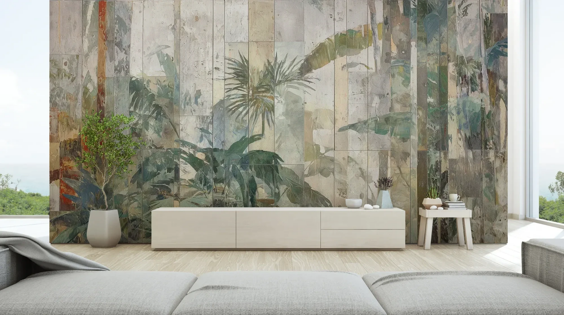 Wzór fototapety TROPICAL SANCTUM - tapeta z artystycznym motywem egzotycznej roślinności pokazanej w aranżacji salonu.