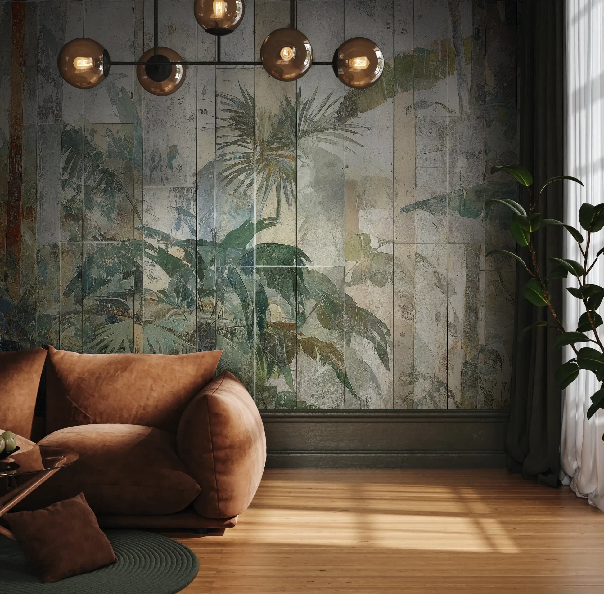 Fototapeta TROPICAL SANCTUM - tapeta z artystycznym motywem egzotycznej roślinności pokazana w aranżacji wnętrza z akcentem na ścianie.