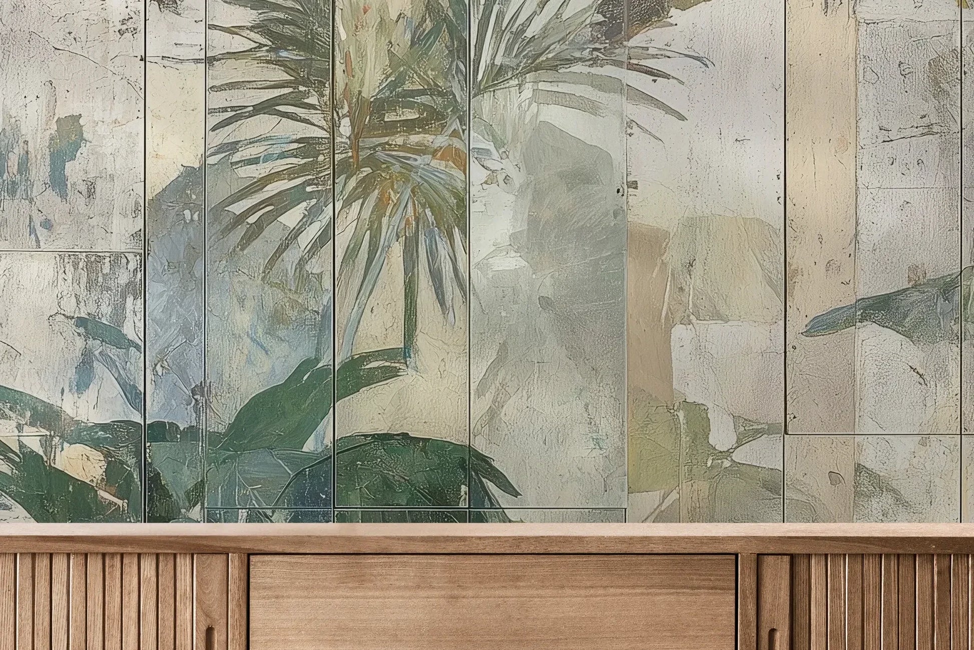 Fototapeta TROPICAL SANCTUM - tapeta z artystycznym motywem egzotycznej roślinności pokazana w aranżacji wnętrza z akcentem na ścianie.
