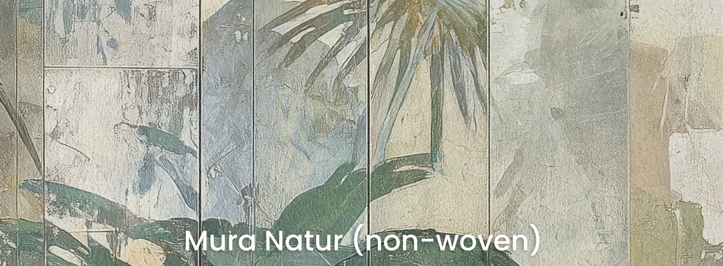 Zbliżenie na fototapetę TROPICAL SANCTUM - tapeta z artystycznym motywem egzotycznej roślinności na naturalnym podłożu ekologicznym.