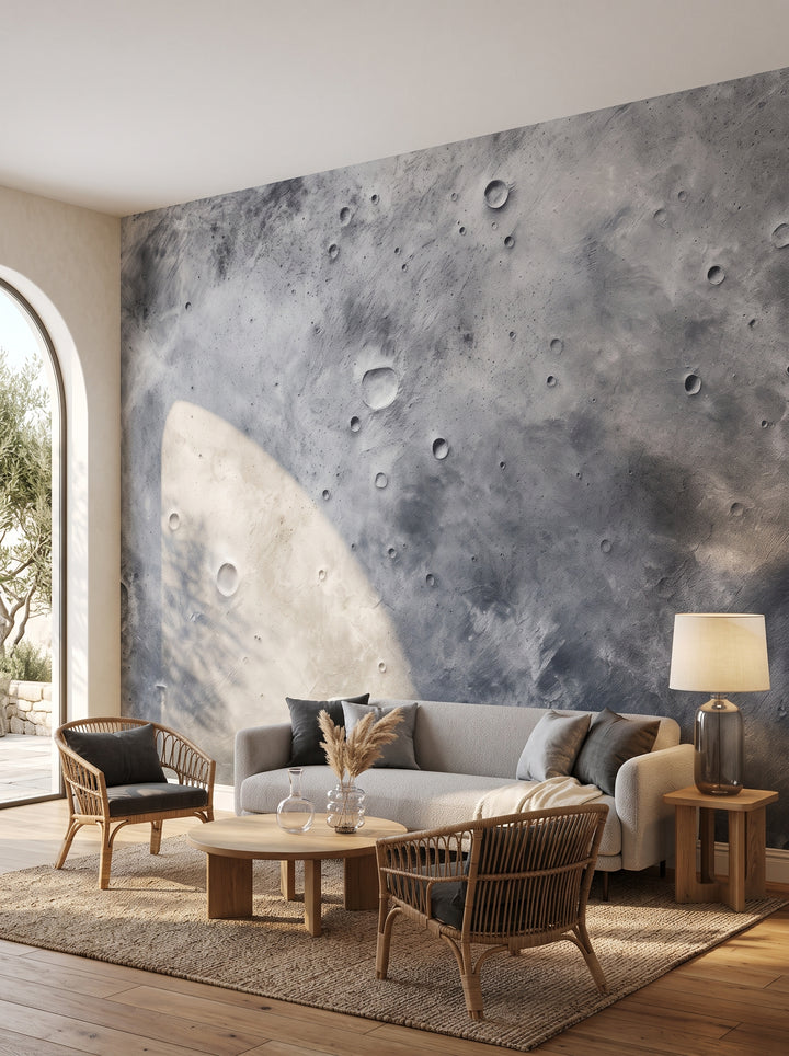 Fototapeta artystyczna o nazwie Pluto's Mystery w aranżacji wnętrza: salon w stylu wyrafinowanego boho z łukowym wyjściem na taras.
