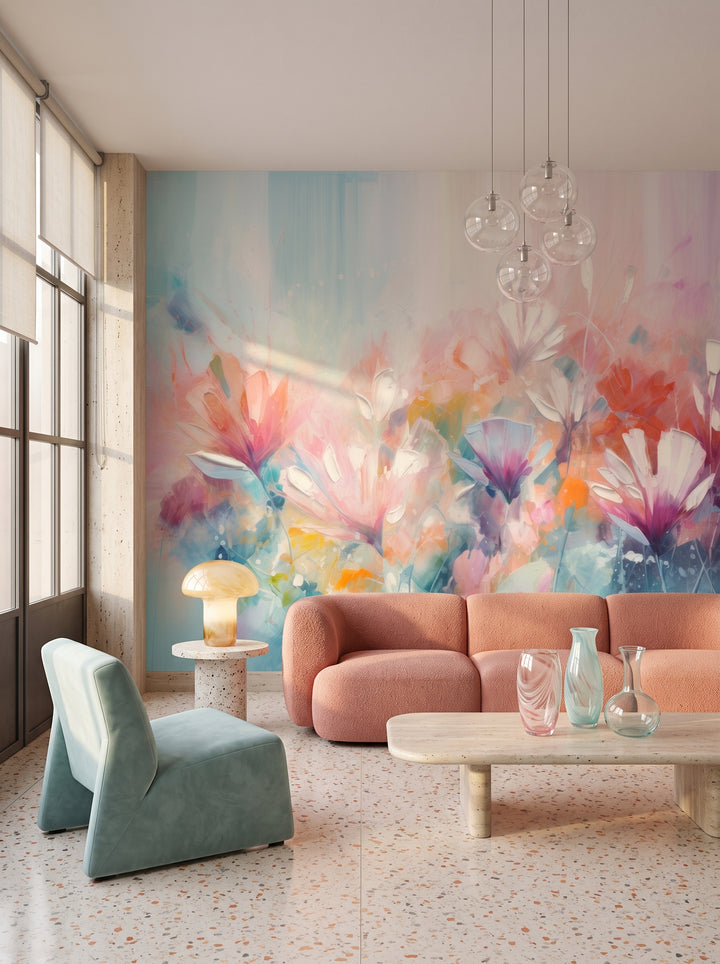 Fototapeta artystyczna o nazwie Lively Floral Symphony w aranżacji wnętrza: salon w mediolańskim apartamencie z lat 70..