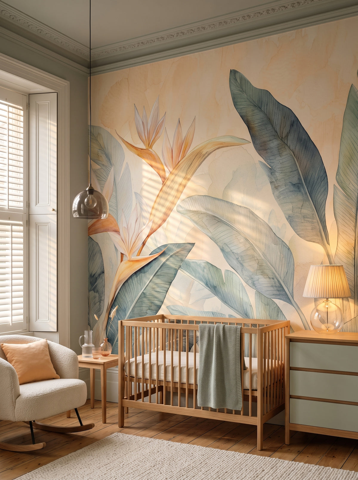Fototapeta artystyczna o nazwie PARADISE BIRDS w aranżacji wnętrza: elegancki pokój dziecięcy w miejskiej kamienicy.