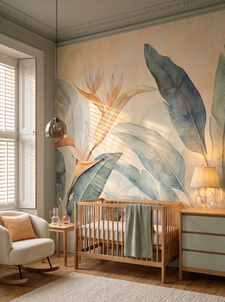 Fototapeta artystyczna o nazwie PARADISE BIRDS w aranżacji wnętrza: elegancki pokój dziecięcy w miejskiej kamienicy.