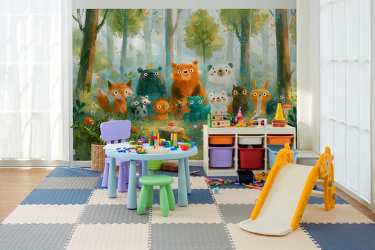 SUNLIT CLEARING - tapeta z leśnymi zwierzętami na polanie — KIDS ROOM - PLAY ROOM