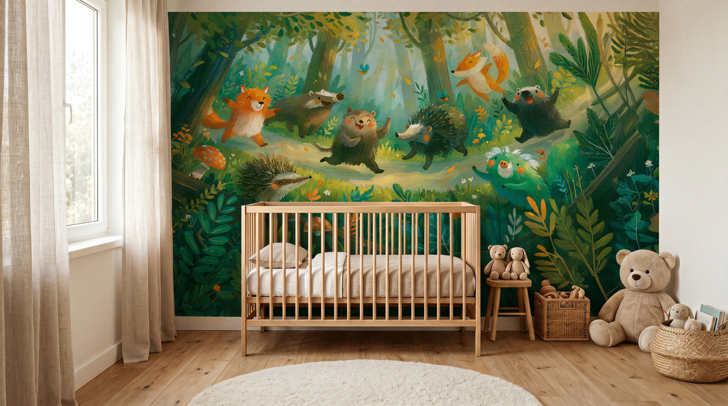 DANCING HOLLOW - tapeta z leśnymi zwierzętami dla dzieci — KIDS room - baby cot