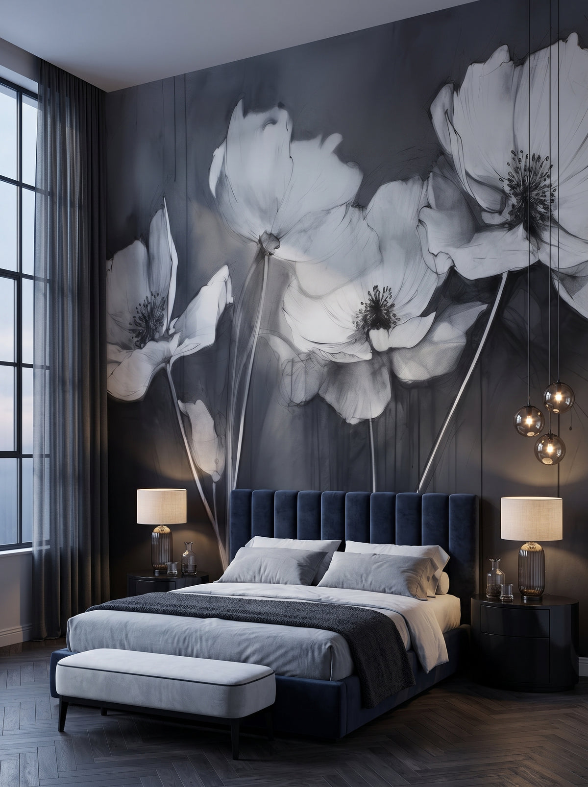 Fototapeta artystyczna o nazwie SHADOWED PETALS SYMPHONY w aranżacji wnętrza: ciemna, otulająca sypialnia w hotelu butikowym.