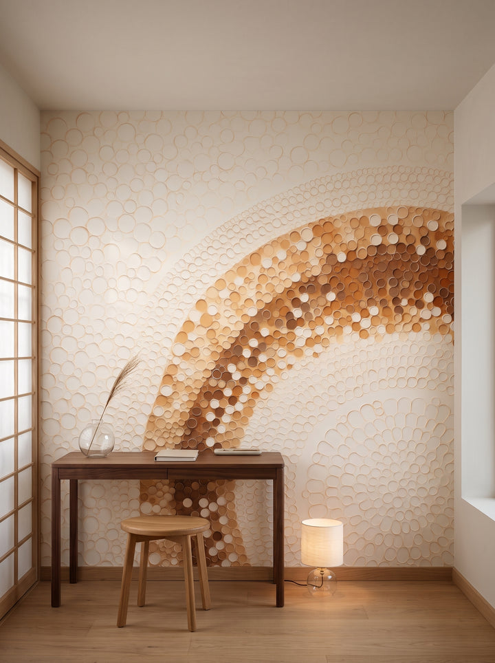 Fototapeta artystyczna o nazwie GOLDEN BUBBLE SWARM w aranżacji wnętrza: gabinet w japandi.