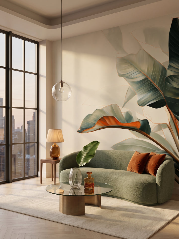 Fototapeta artystyczna o nazwie Tropical Mirage w aranżacji wnętrza: salon w penthousie na Manhattanie o zmierzchu.