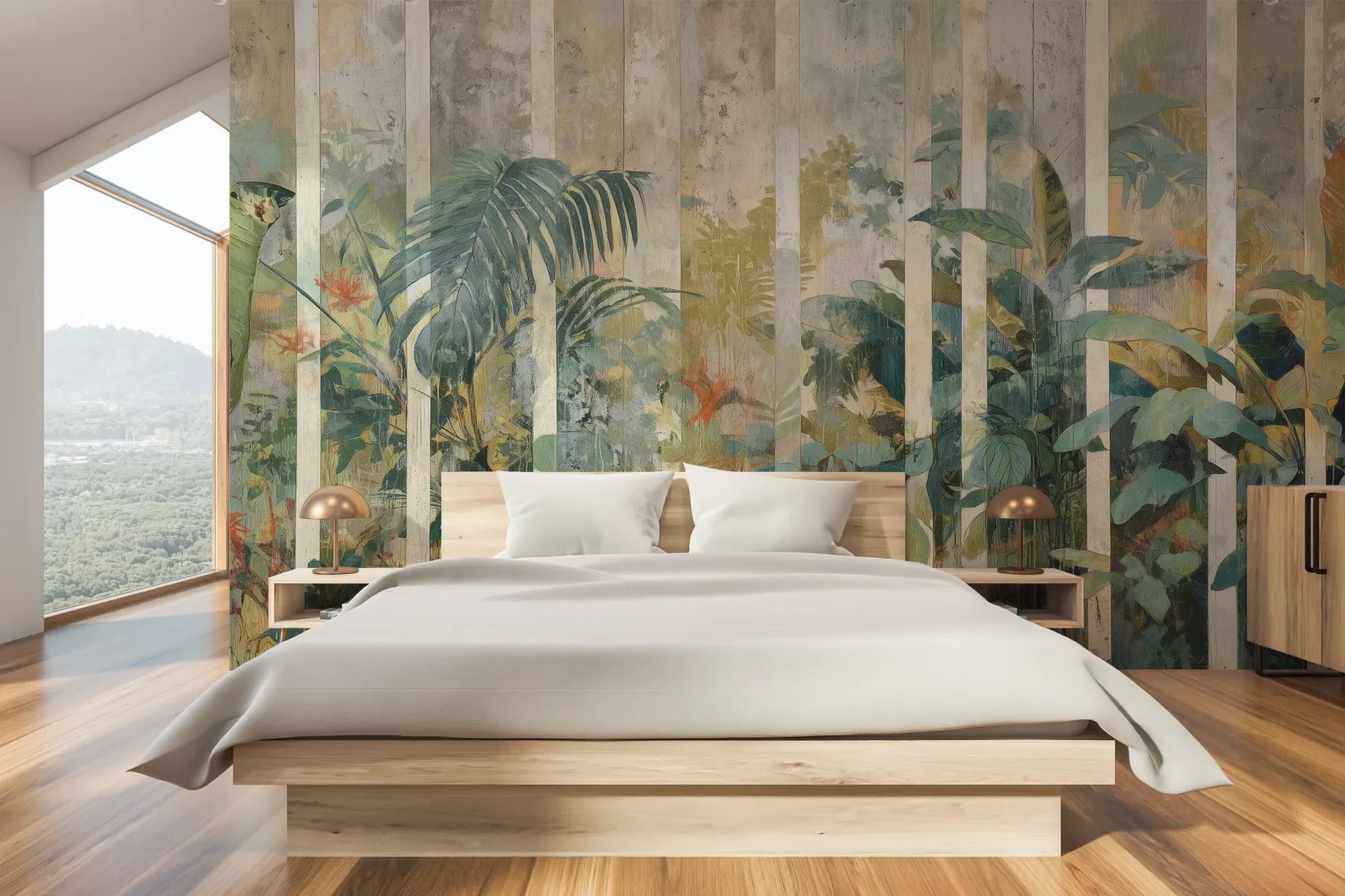Wzór fototapety BAMBOO DREAMS - tapeta z tropikalną dżunglą w pionowych pasach pokazanej w aranżacji sypialni.