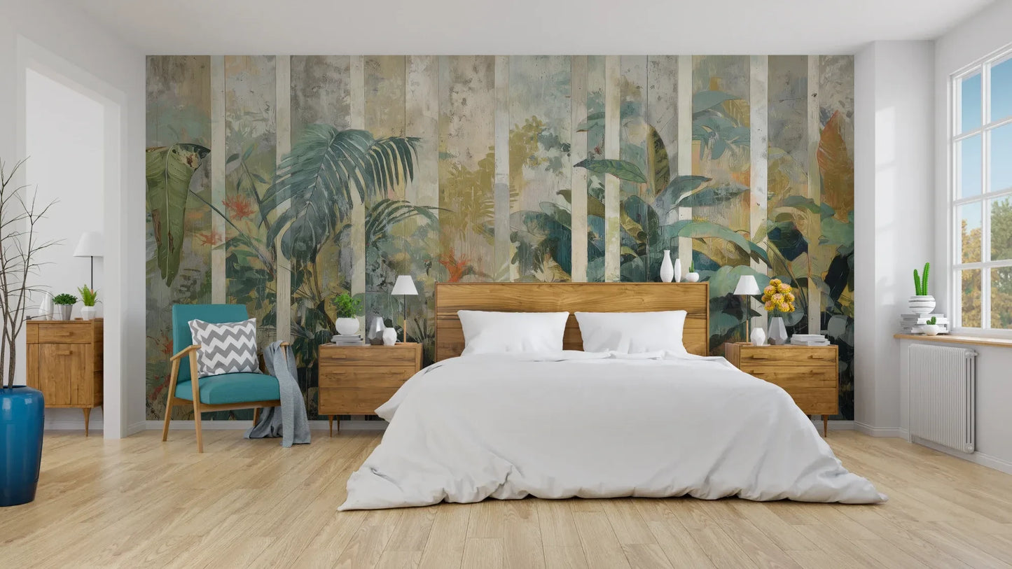 Wzór fototapety BAMBOO DREAMS - tapeta z tropikalną dżunglą w pionowych pasach pokazanej w aranżacji sypialni.