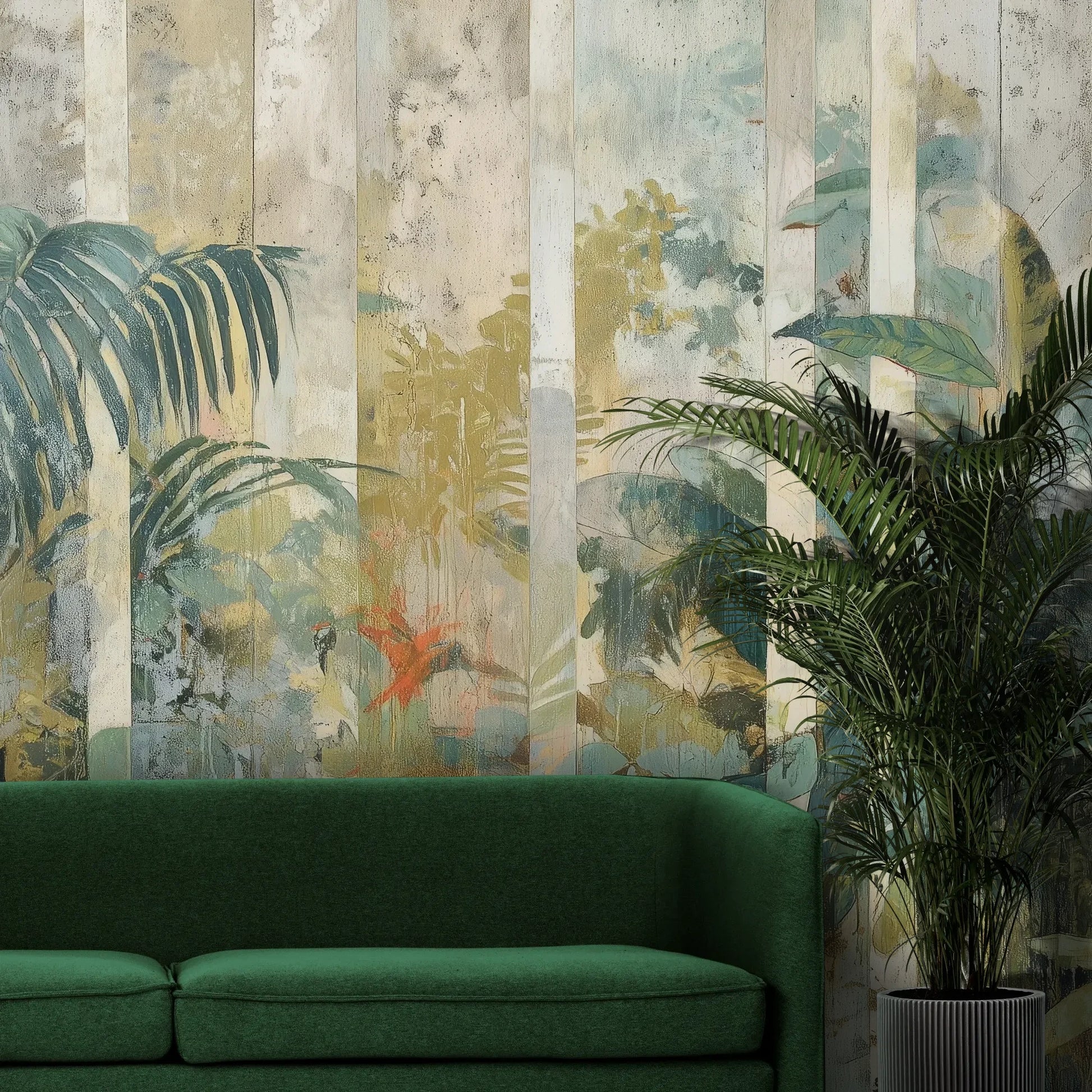 Fototapeta BAMBOO DREAMS - tapeta z tropikalną dżunglą w pionowych pasach pokazana w aranżacji wnętrza z akcentem na ścianie.