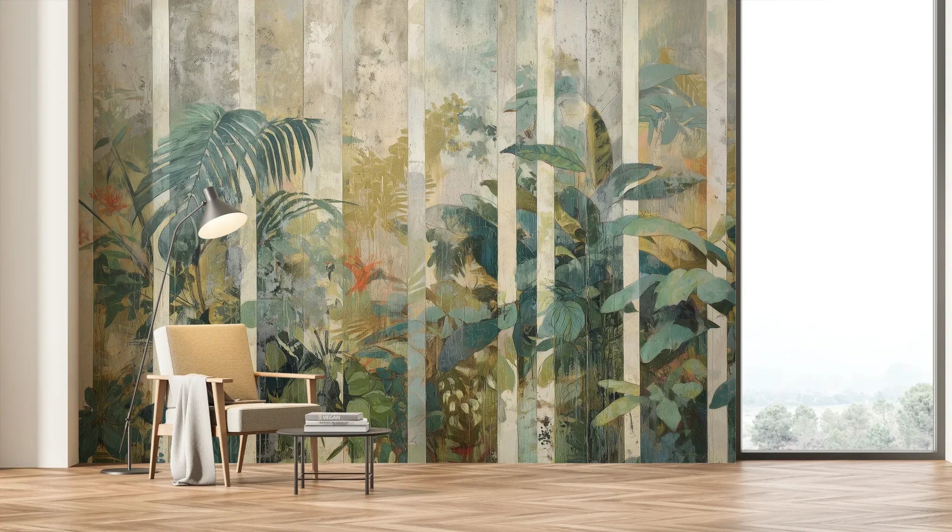 Wzór fototapety BAMBOO DREAMS - tapeta z tropikalną dżunglą w pionowych pasach pokazanej w aranżacji salonu.