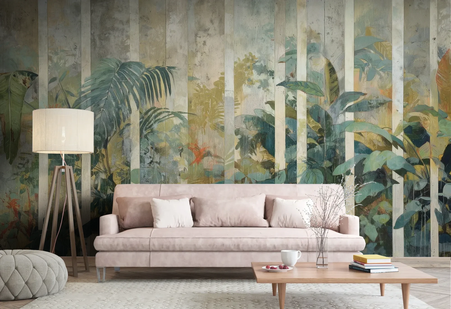 Wzór fototapety BAMBOO DREAMS - tapeta z tropikalną dżunglą w pionowych pasach pokazanej w aranżacji salonu.