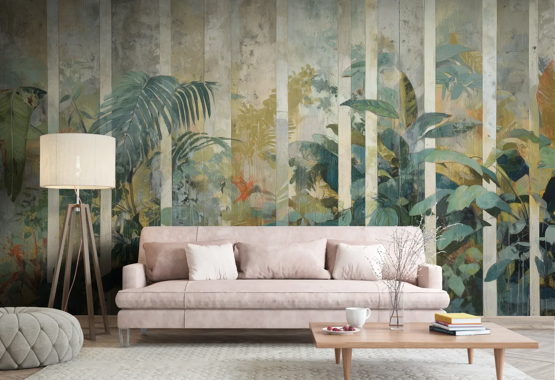 Wzór fototapety BAMBOO DREAMS - tapeta z tropikalną dżunglą w pionowych pasach pokazanej w aranżacji salonu.