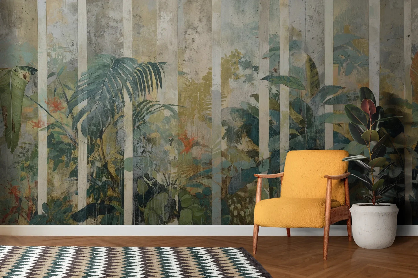 Wzór fototapety BAMBOO DREAMS - tapeta z tropikalną dżunglą w pionowych pasach pokazanej w aranżacji salonu.