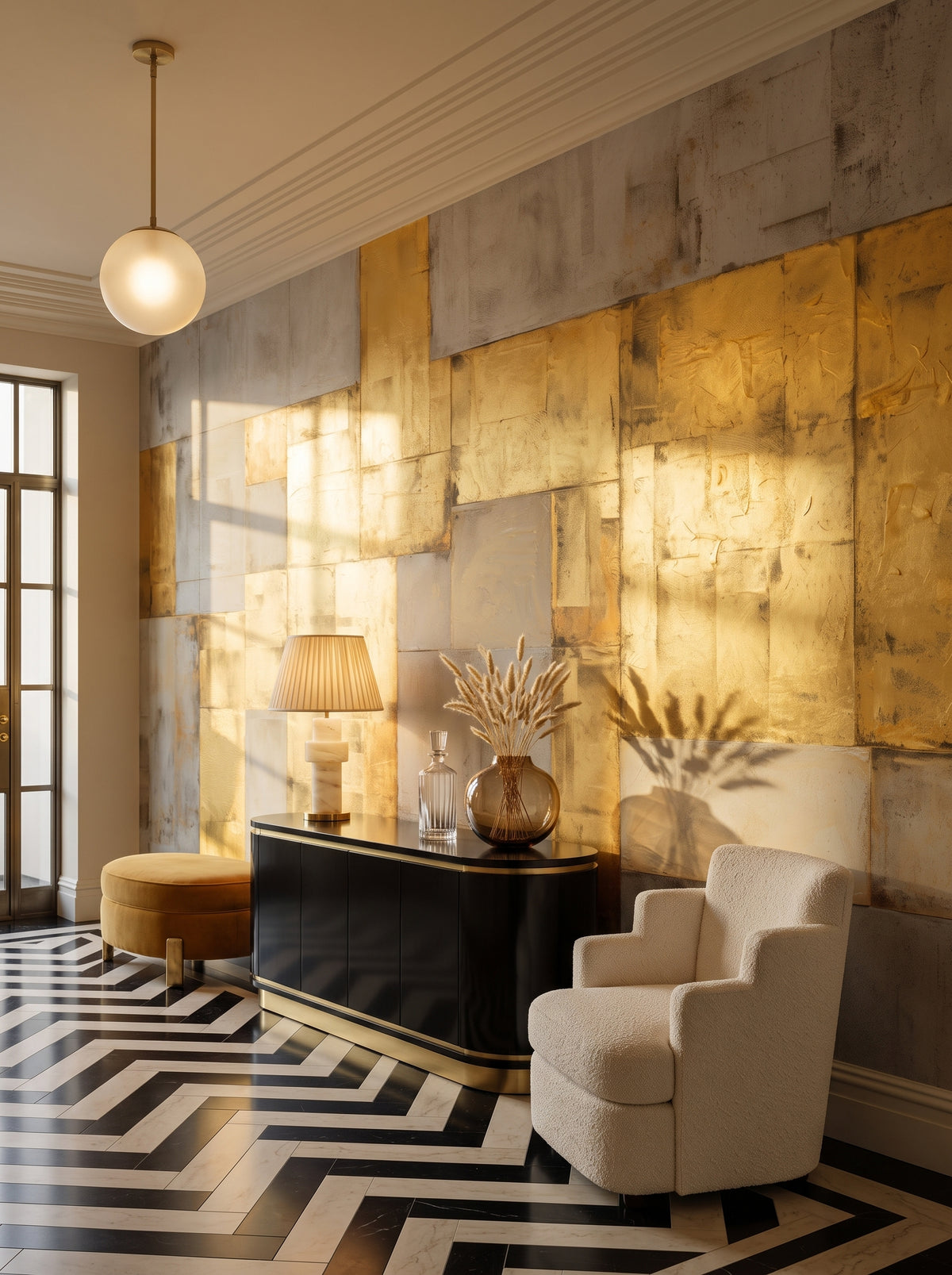Fototapeta artystyczna o nazwie Gilded Blocks w aranżacji wnętrza: galeria wejściowa w apartamencie Art Deco.
