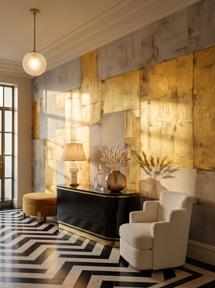 Fototapeta artystyczna o nazwie Gilded Blocks w aranżacji wnętrza: galeria wejściowa w apartamencie Art Deco.