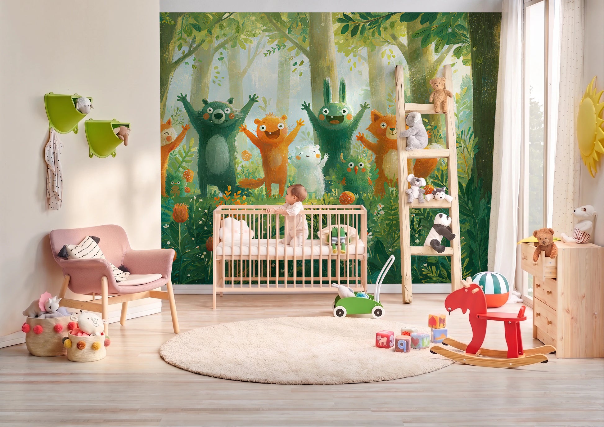 HAPPY CLEARING - tapeta z leśnymi zwierzętami na polanie — BABY'S ROOM WITH A COT AND A BABY