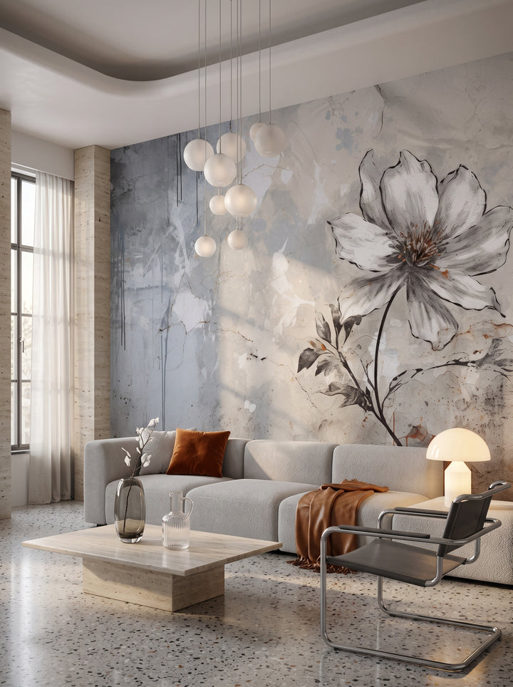 Fototapeta artystyczna o nazwie INDUSTRIAL FLOWER ELEGANCE w aranżacji wnętrza: salon w mediolańskim apartamencie z lat 70..