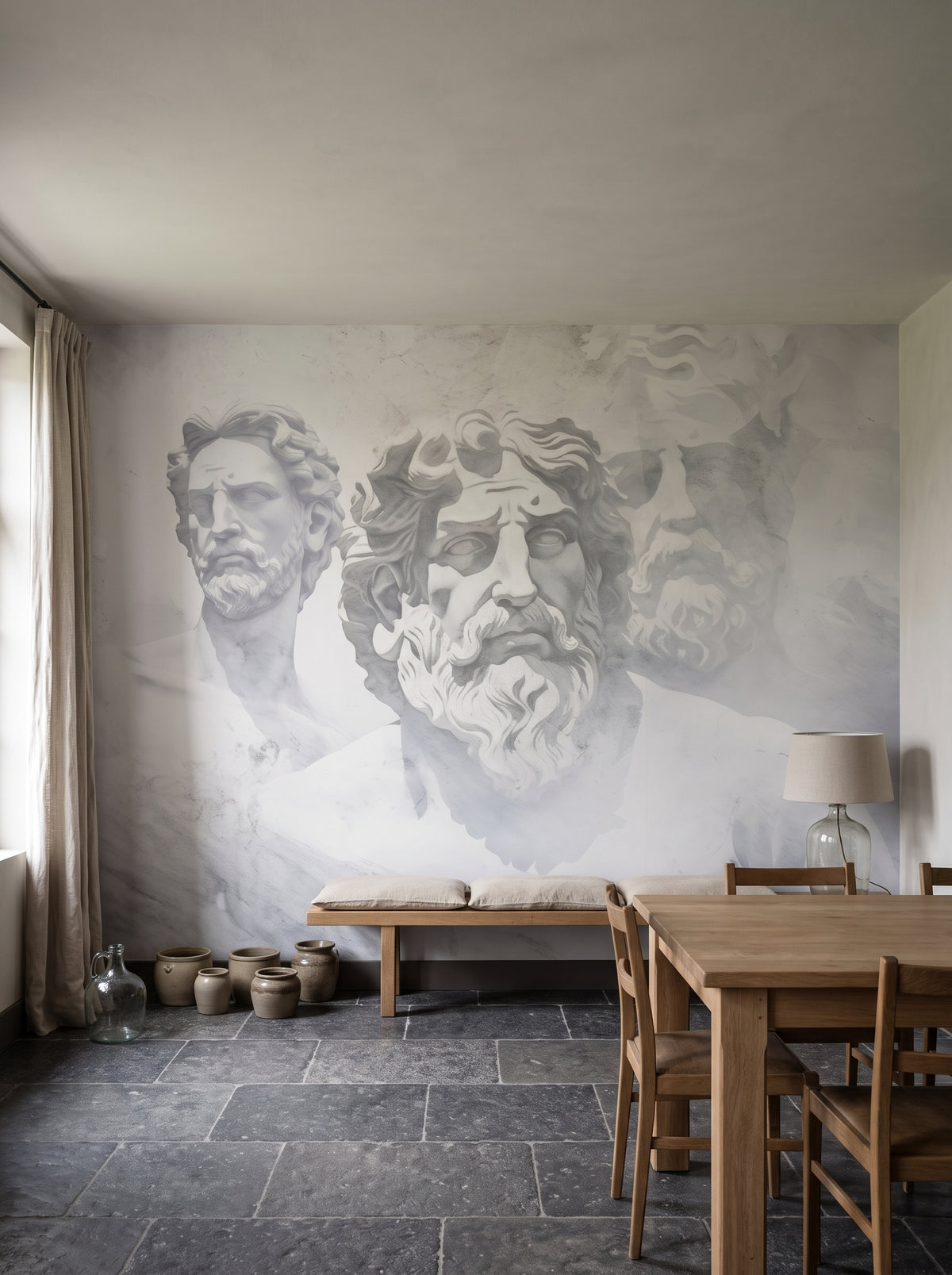 Fototapeta artystyczna o nazwie Dialogues of Antiquity w aranżacji wnętrza: kuchnia z jadalnią w belgijskim domu na wsi.