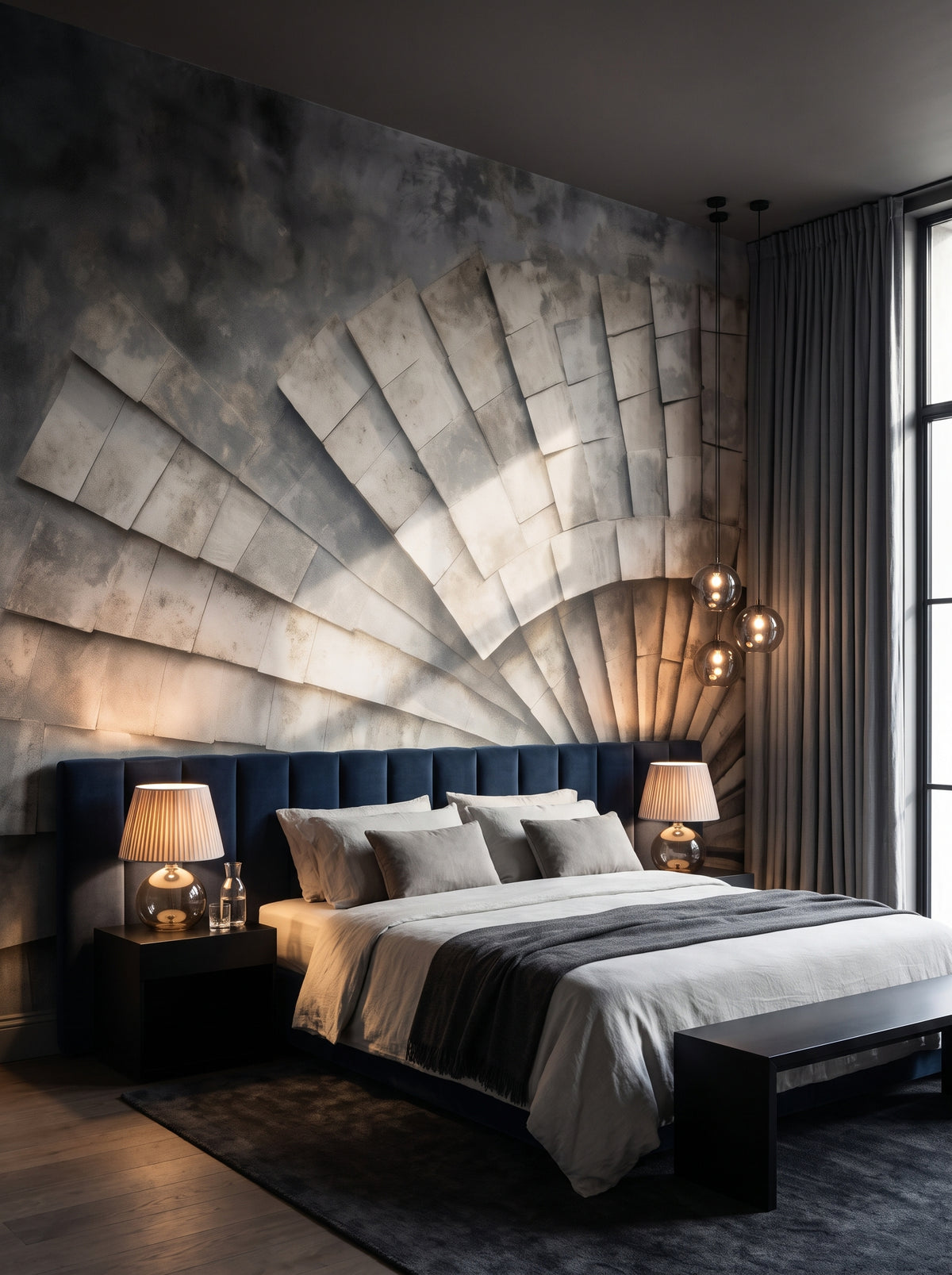 Fototapeta artystyczna o nazwie Stone Fan w aranżacji wnętrza: ciemna, otulająca sypialnia w hotelu designerskim.