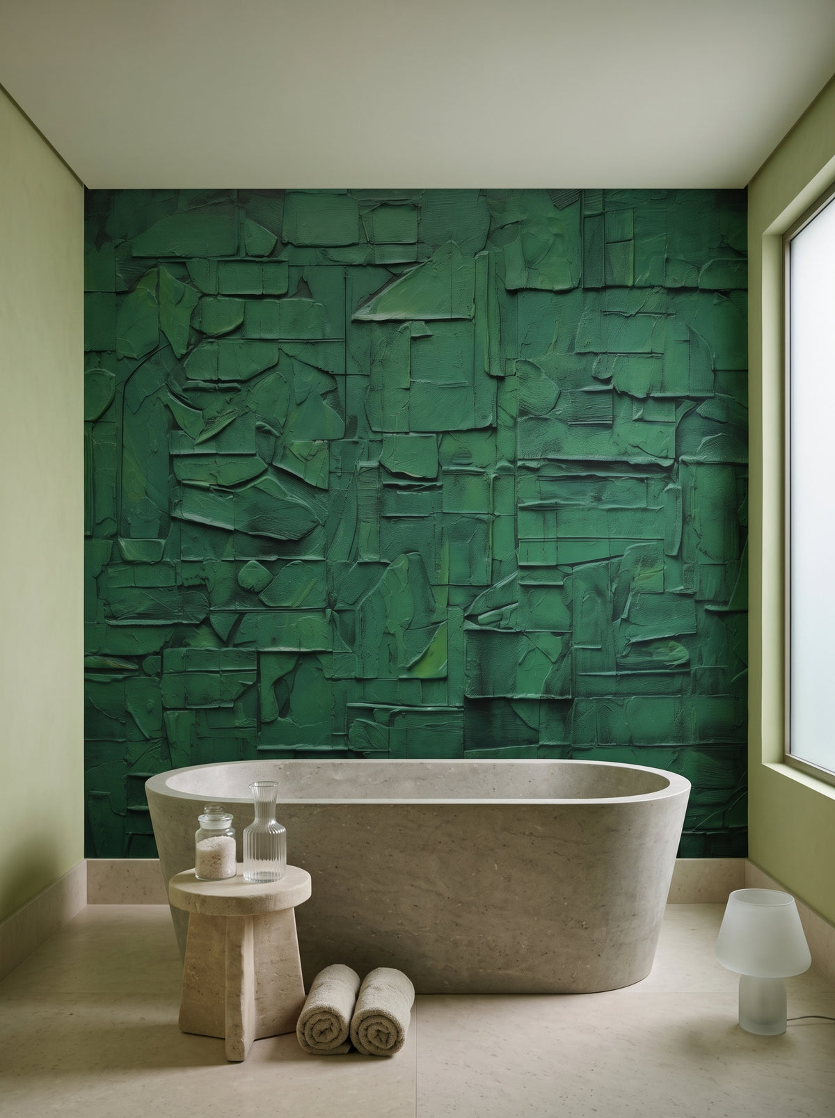 Fototapeta artystyczna o nazwie Verdant Fragments w aranżacji wnętrza: łazienka spa w luksusowej rezydencji.