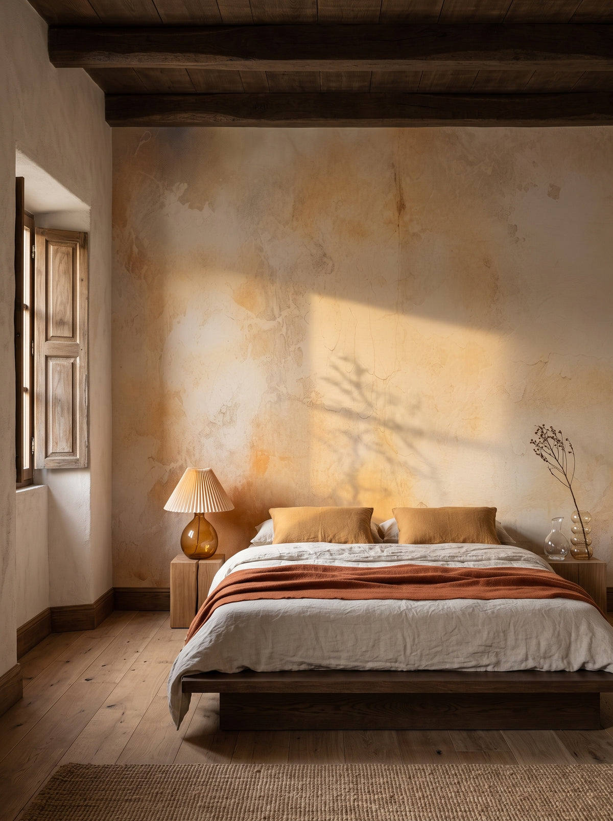 Fototapeta artystyczna o nazwie GOLDEN HAZE DREAMSCAPE w aranżacji wnętrza: sypialnia wabi-sabi w wiejskim domu z wapienia.