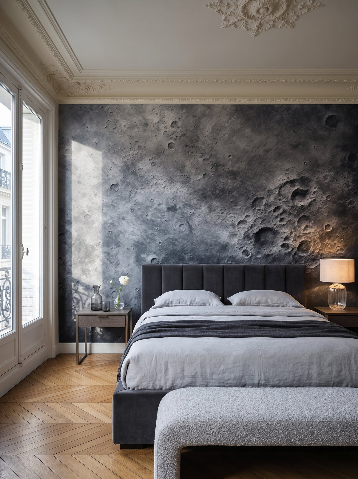 Fototapeta artystyczna o nazwie Lunar Detail w aranżacji wnętrza: sypialnia w paryskim apartamencie.
