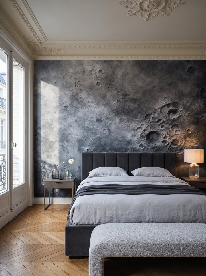 Fototapeta artystyczna o nazwie Lunar Detail w aranżacji wnętrza: sypialnia w paryskim apartamencie.