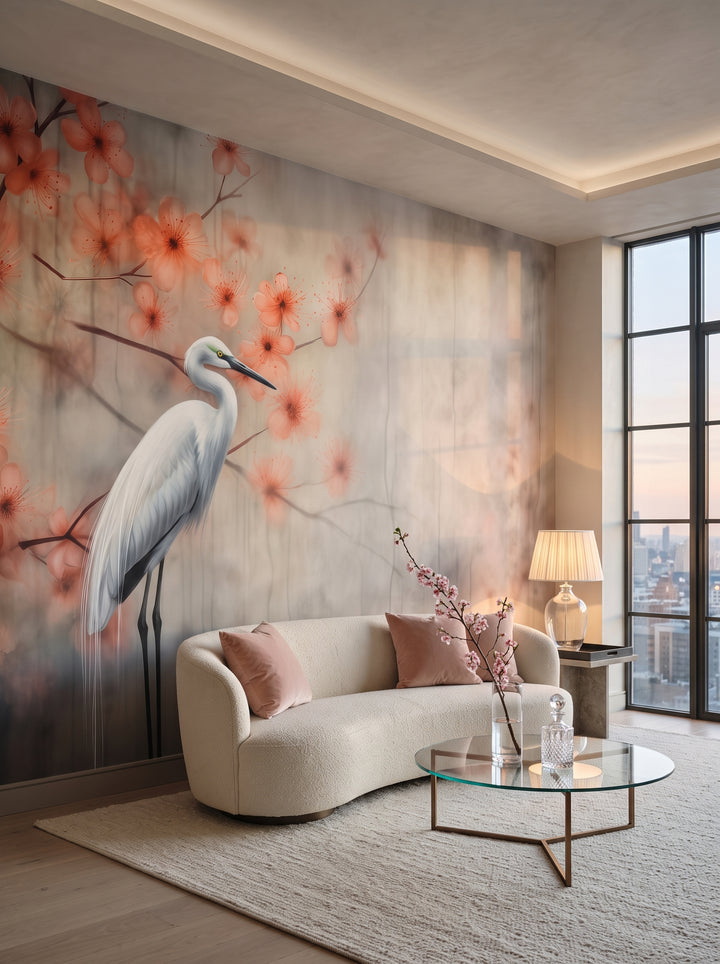 Fototapeta artystyczna o nazwie Peaceful Heron w aranżacji wnętrza: salon w penthousie na Manhattanie o zmierzchu.