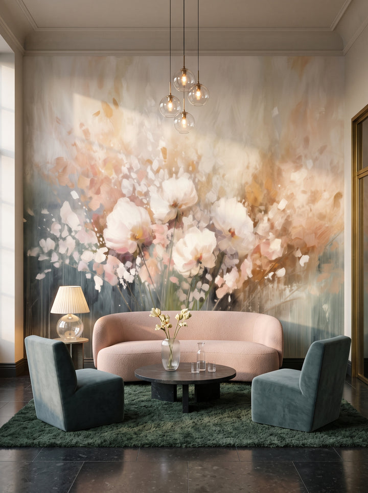 Fototapeta artystyczna o nazwie Misty Blossom Drift w aranżacji wnętrza: lobby lounge w butikowym hotelu designerskim.