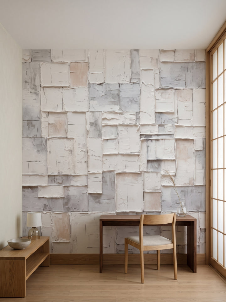 Fototapeta artystyczna o nazwie Plaster Elegance w aranżacji wnętrza: gabinet w stylu japandi.