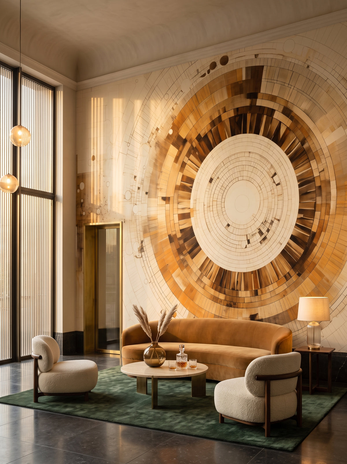 Fototapeta artystyczna o nazwie ARCHITECTURAL ORBITAL DESIGN w aranżacji wnętrza: lobby lounge butikowego hotelu designerskiego.