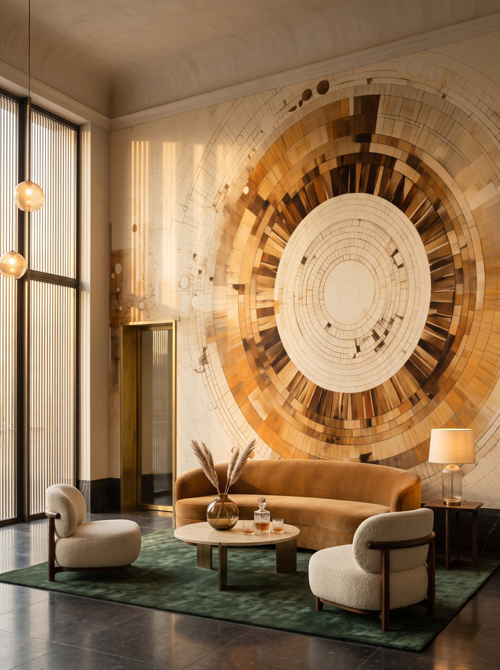 Fototapeta artystyczna o nazwie ARCHITECTURAL ORBITAL DESIGN w aranżacji wnętrza: lobby lounge butikowego hotelu designerskiego.