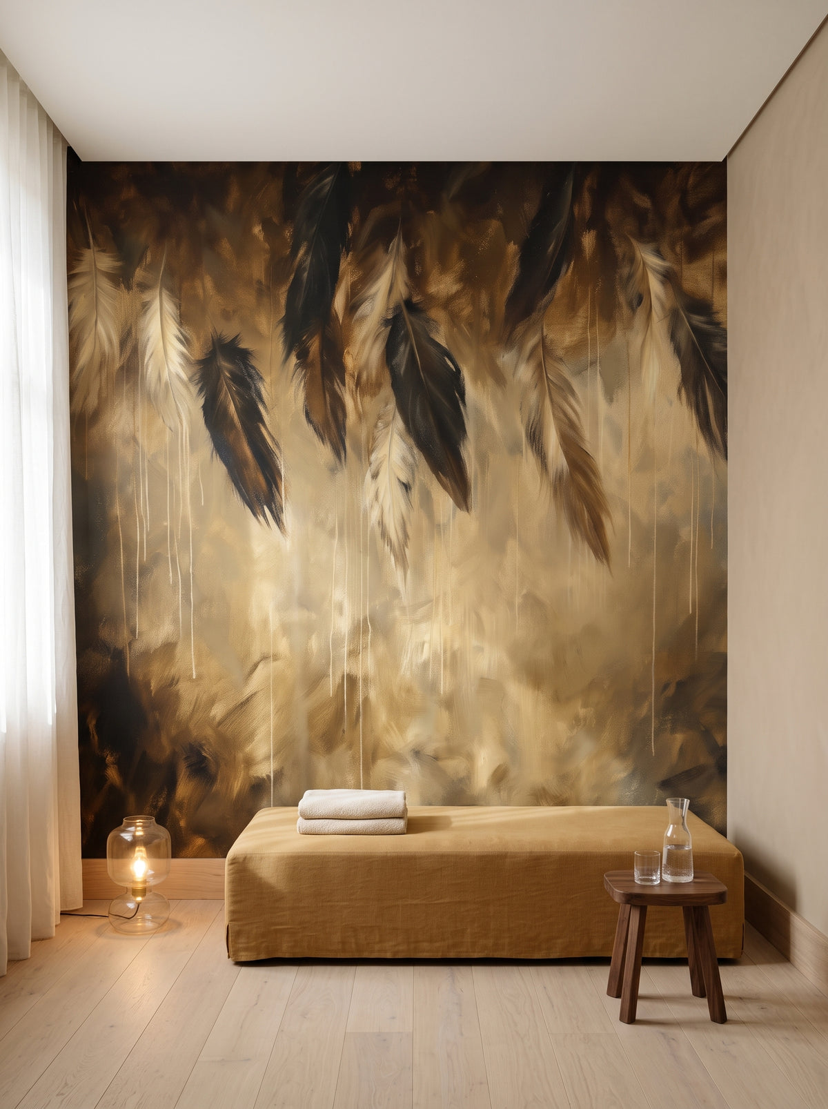 Fototapeta artystyczna o nazwie Gilded Shadows w aranżacji wnętrza: prywatny pokój wellness w nowoczesnej rezydencji.