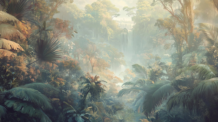Prezentacja całego wzoru fototapety o nazwie MISTY TROPICALE - tapeta z tajemniczą tropikalną dżunglą