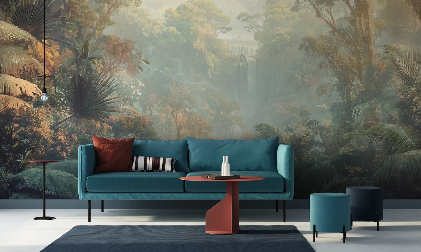 Wzór fototapety MISTY TROPICALE - tapeta z tajemniczą tropikalną dżunglą pokazanej w aranżacji salonu.