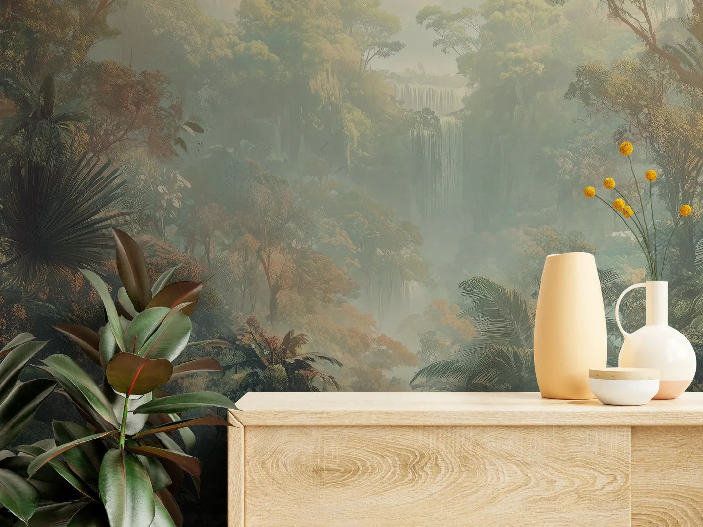 Fototapeta MISTY TROPICALE - tapeta z tajemniczą tropikalną dżunglą pokazana w aranżacji wnętrza z akcentem na ścianie.
