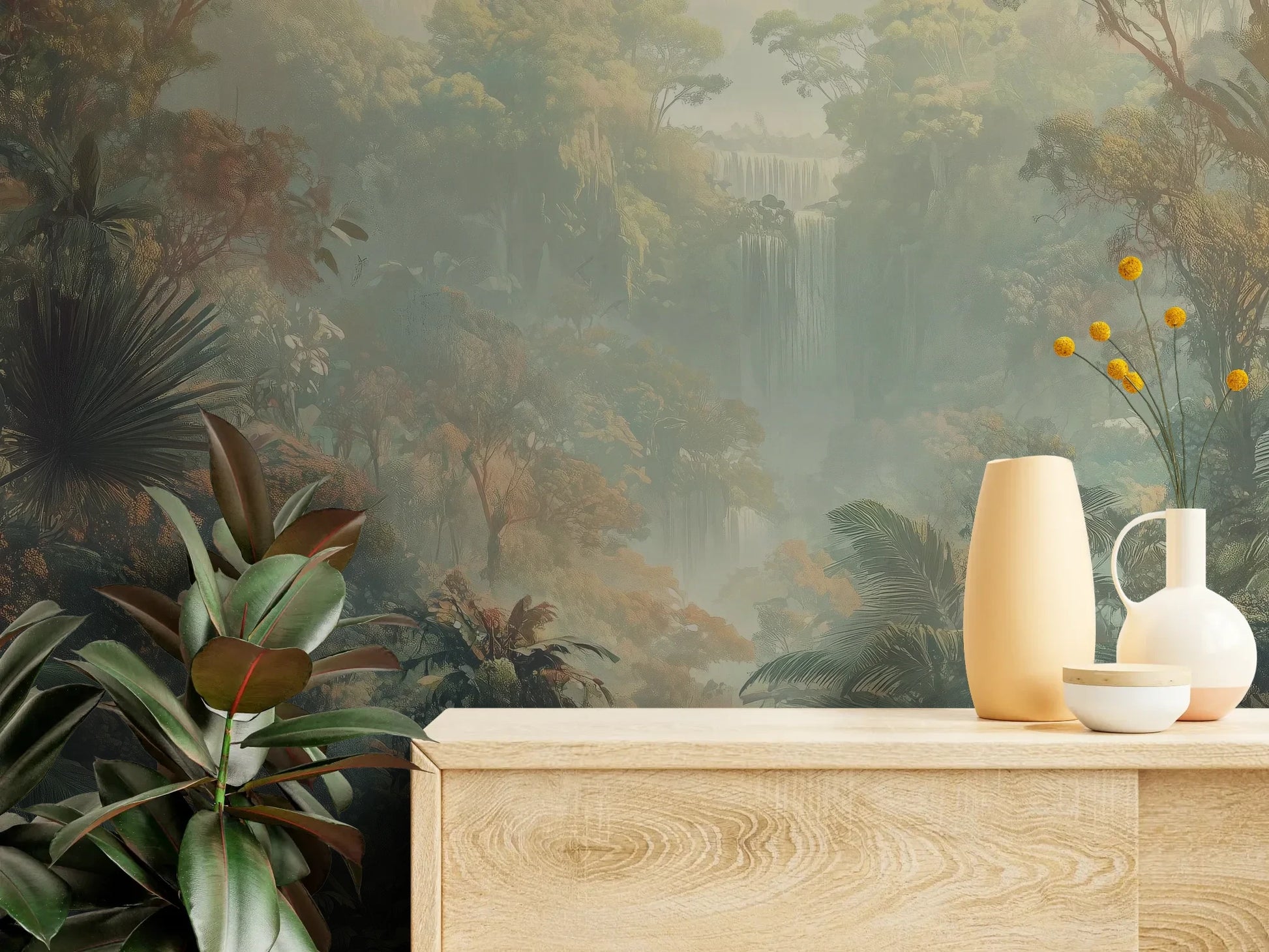 Fototapeta MISTY TROPICALE - tapeta z tajemniczą tropikalną dżunglą pokazana w aranżacji wnętrza z akcentem na ścianie.