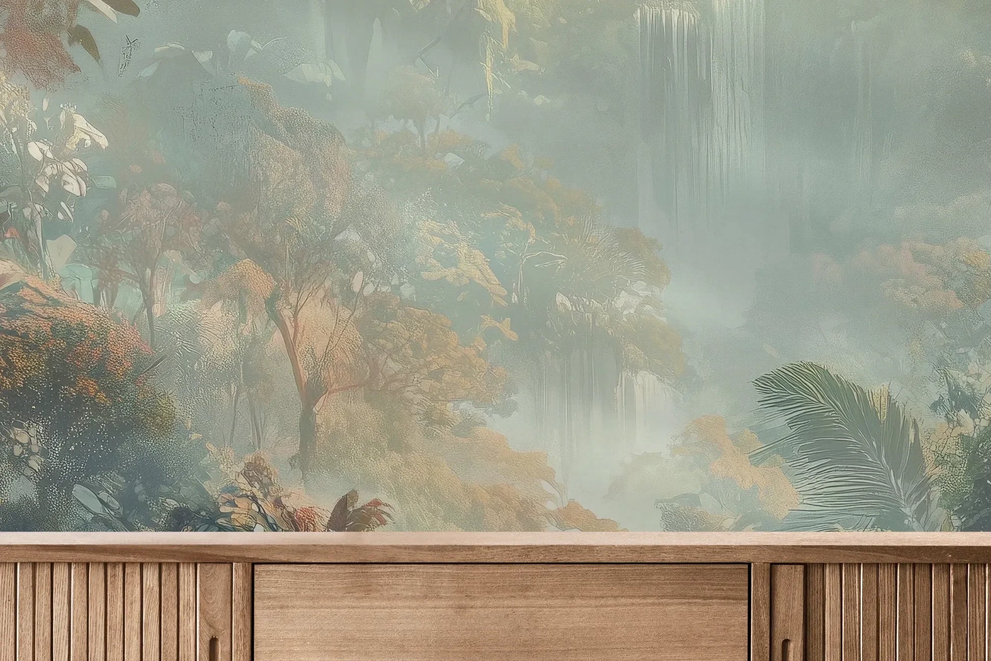 Fototapeta MISTY TROPICALE - tapeta z tajemniczą tropikalną dżunglą pokazana w aranżacji wnętrza z akcentem na ścianie.