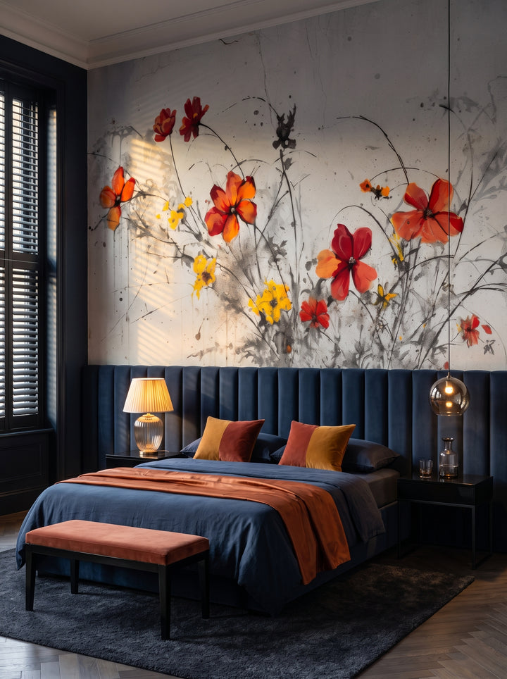 Fototapeta artystyczna o nazwie VIVID AUTUMN WHISPERS w aranżacji wnętrza: ciemna, otulająca sypialnia w hotelu butikowym.