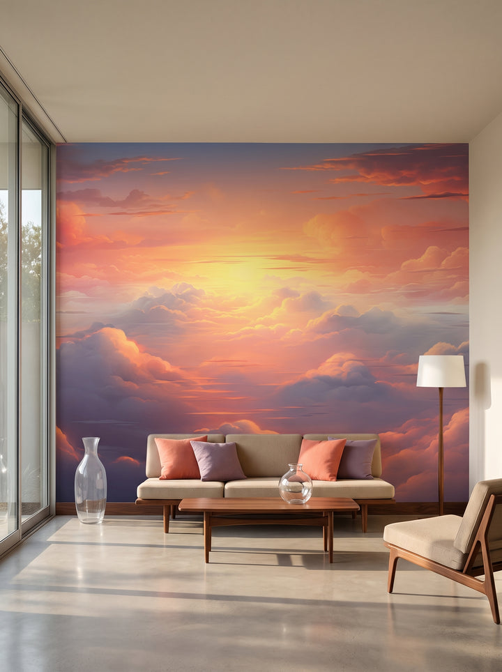 Fototapeta artystyczna o nazwie Fiery Skyline #2 w aranżacji wnętrza: salon w kalifornijskim domu mid-century.
