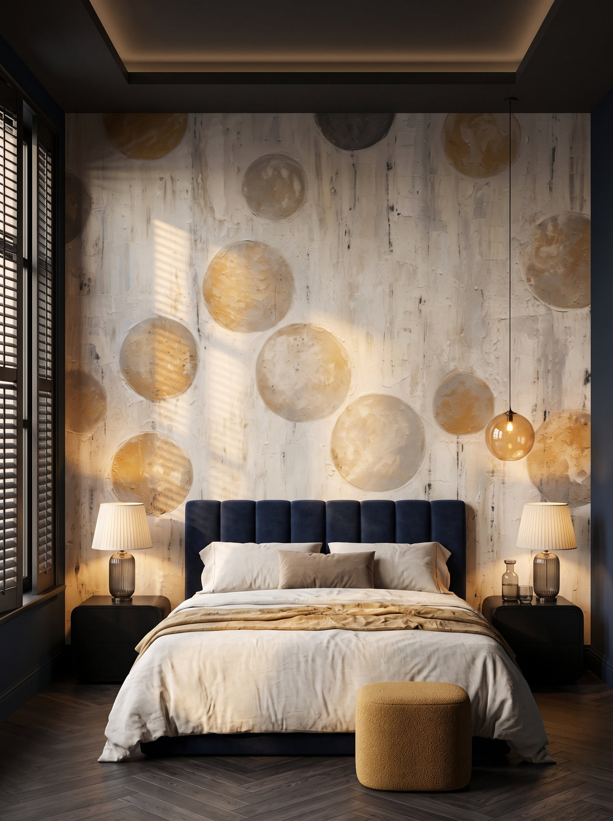 Fototapeta artystyczna o nazwie SPHERICAL HARMONY ABSTRACT w aranżacji wnętrza: ciemna, otulająca sypialnia w hotelu butikowym.